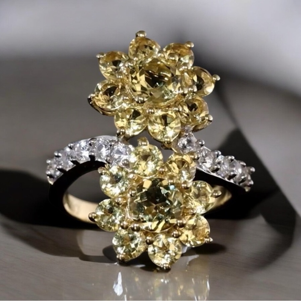 Brazilian Sunfire Beryl & Zircon Flower Ring Vermeil YG Sterling Silver 3.15 ctw